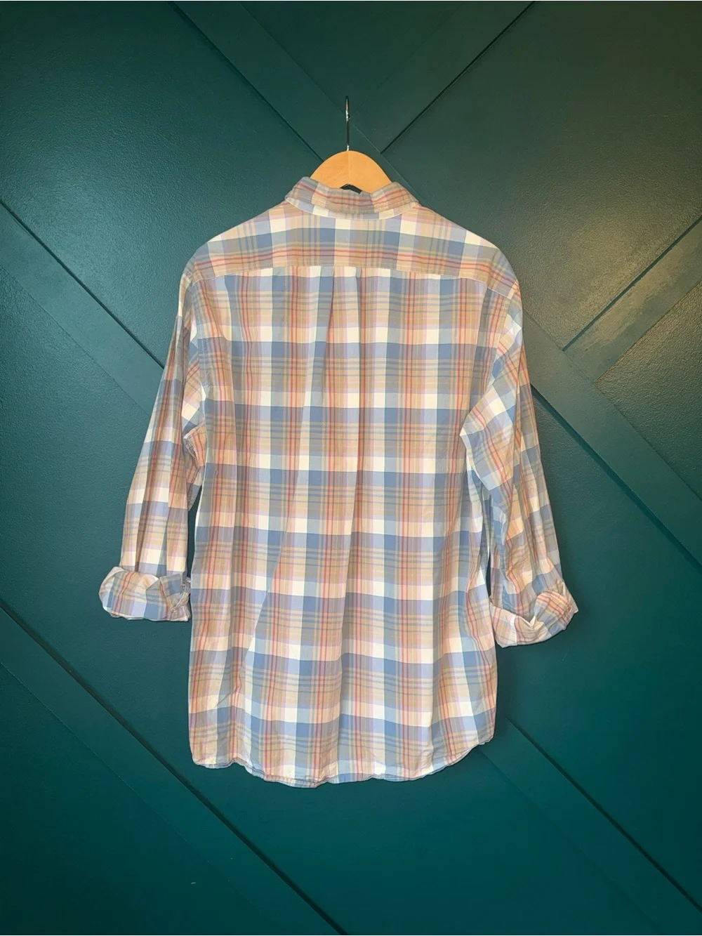 J Crew Mens Slim Button Up Shirt Size XLT Blue Beige Plaid Long Sleeve Woven